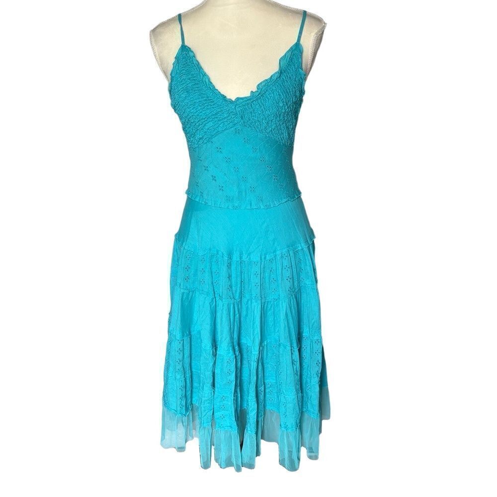 Connected Apparel Dress Medium Aqua Sundress Tiered Eyelet Mesh Fairy Boho Y2K